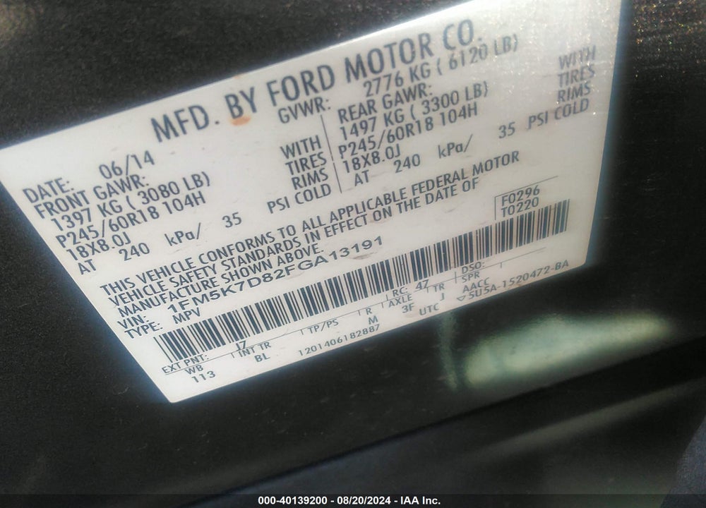 2015 FORD EXPLORER XLT VIN: 1FM5K7D82FGA13191