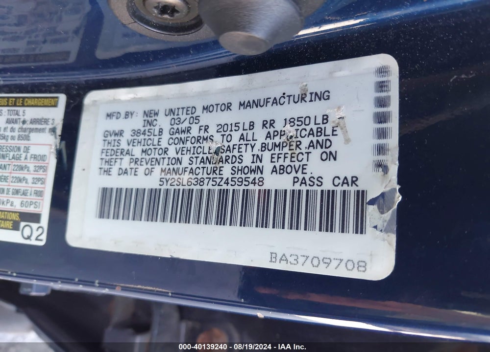 2005 PONTIAC VIBE VIN: 5Y2SL63875Z459548