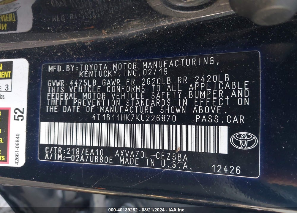 2019 TOYOTA CAMRY SE VIN: 4T1B11HK7KU226870