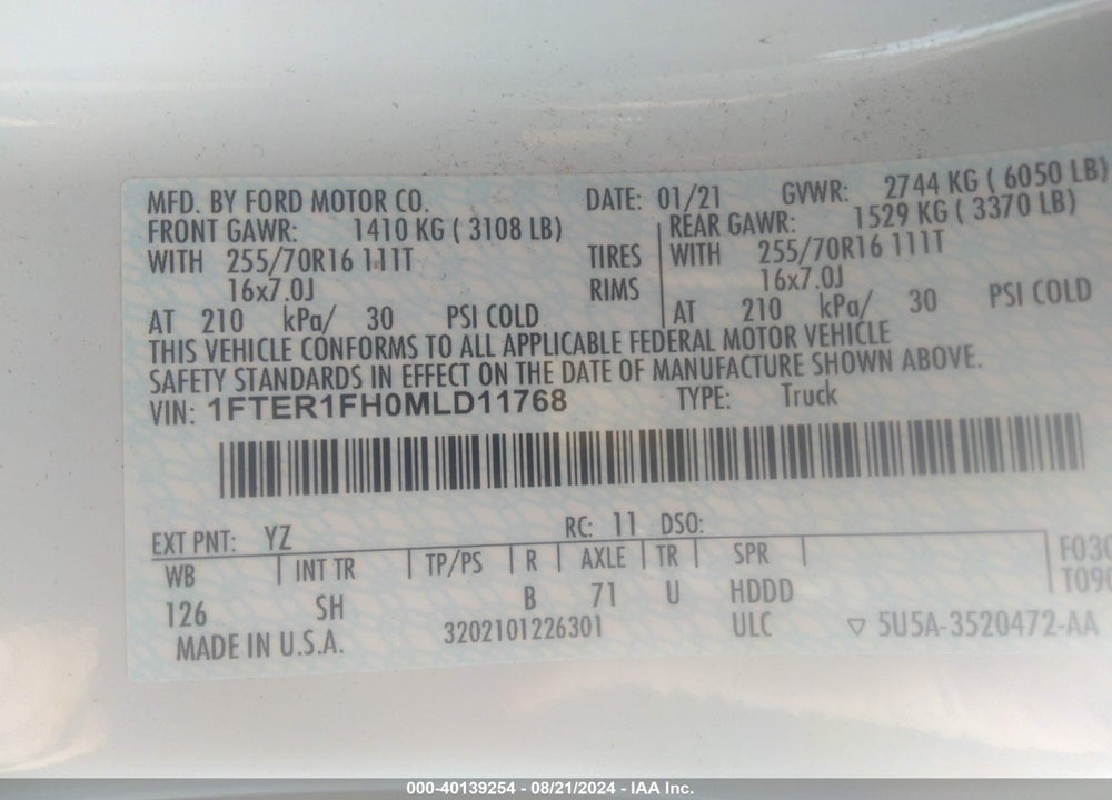 2021 FORD RANGER XL VIN: 1FTER1FH0MLD11768