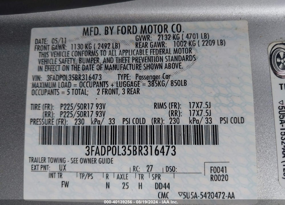 2011 FORD FUSION HYBRID VIN: 3FADP0L35BR316473