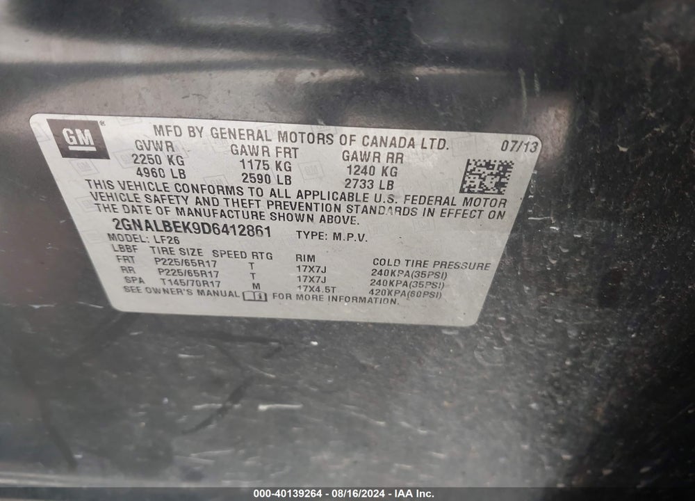 2013 CHEVROLET EQUINOX LS VIN: 2GNALBEK9D6412861