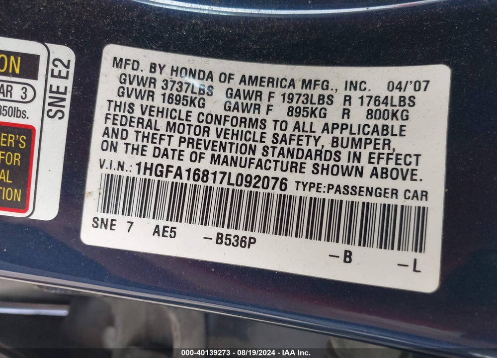2007 HONDA CIVIC EX VIN: 1HGFA16817L092076