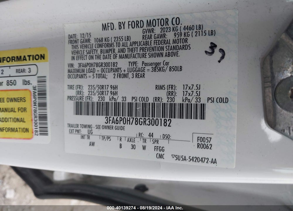 2016 FORD FUSION SE VIN: 3FA6P0H78GR300182