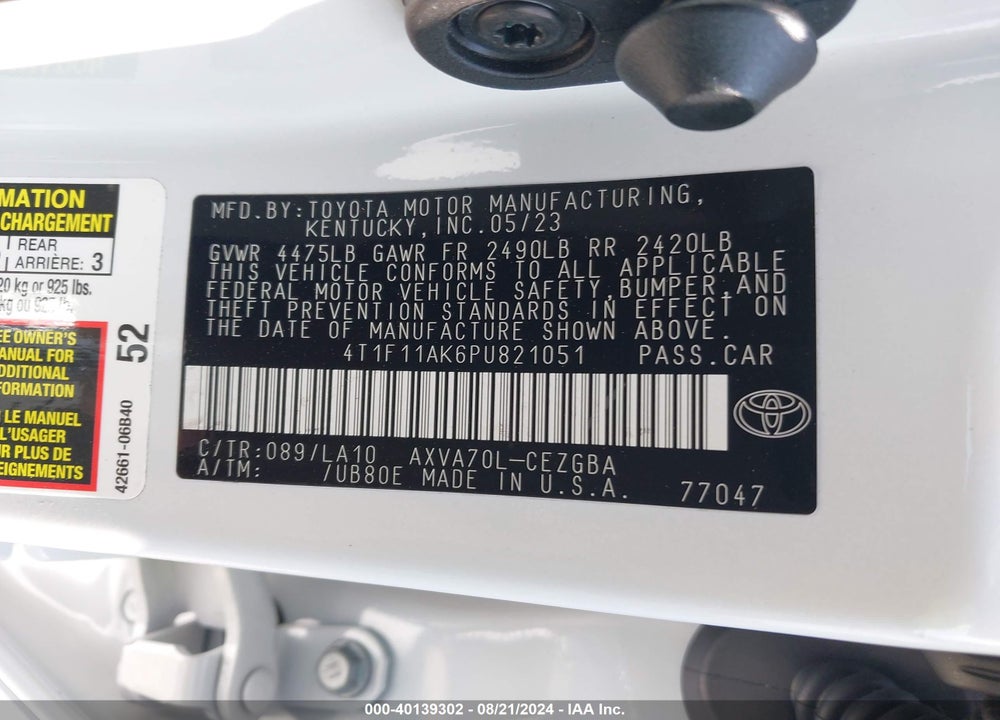 2023 TOYOTA CAMRY XLE VIN: 4T1F11AK6PU821051