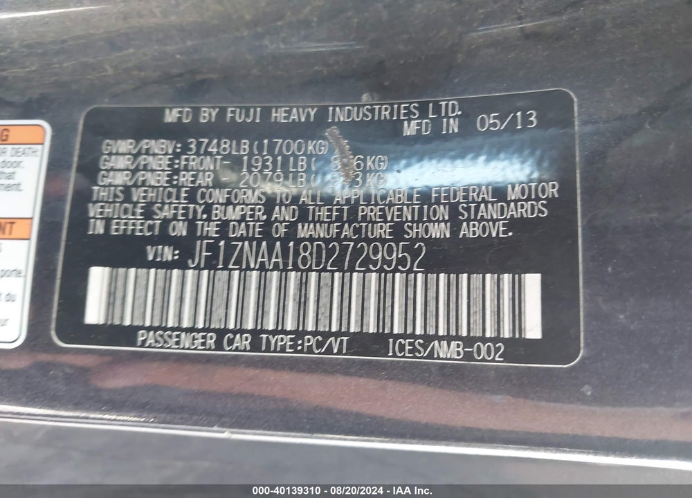 2013 SCION FR-S VIN: JF1ZNAA18D2729952