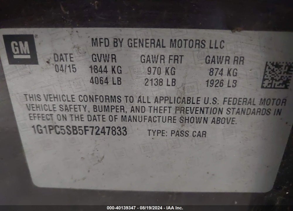 2015 CHEVROLET CRUZE 1LT AUTO VIN: 1G1PC5SB5F7247833
