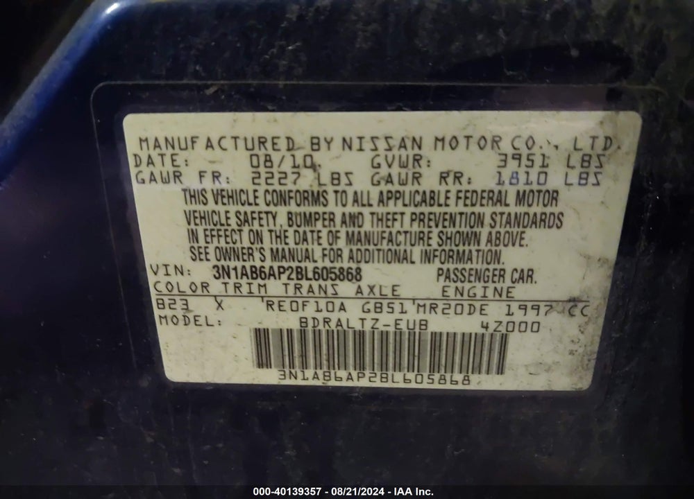 2011 NISSAN SENTRA VIN: 3N1AB6AP2BL605868