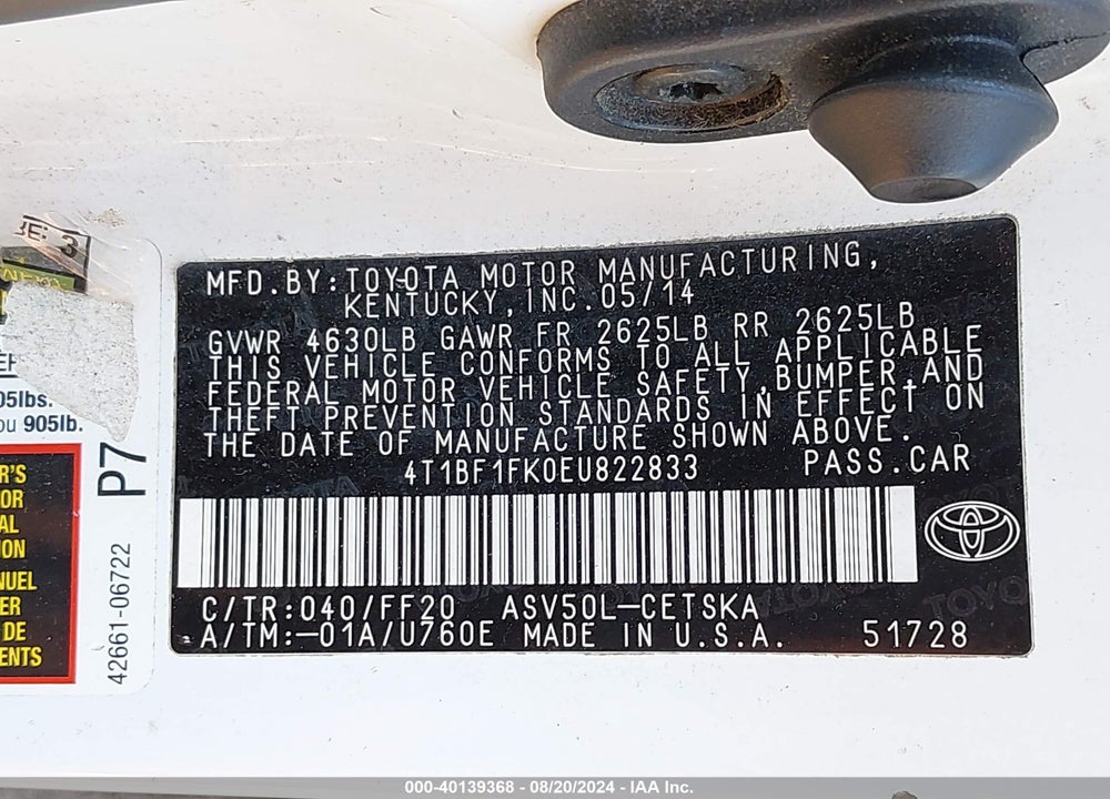 2014 TOYOTA CAMRY SE VIN: 4T1BF1FK0EU822833