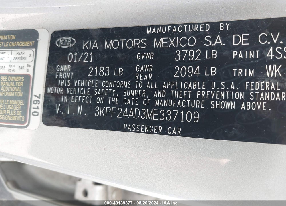2021 KIA FORTE LXS VIN: 3KPF24AD3ME337109