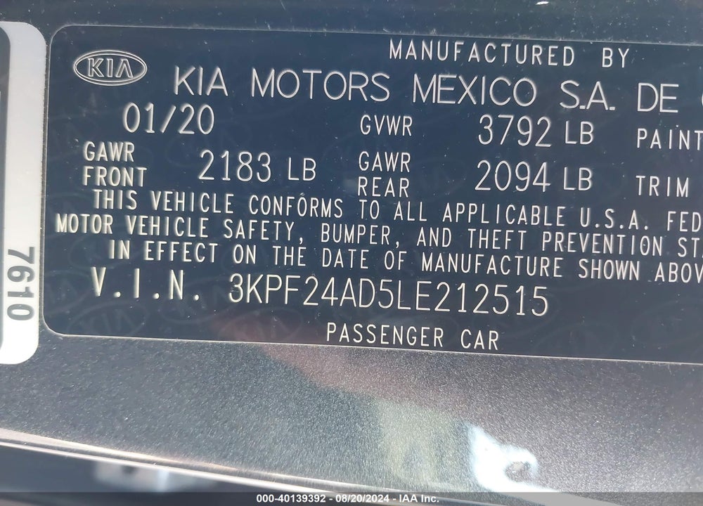 2020 KIA FORTE LXS VIN: 3KPF24AD5LE212515