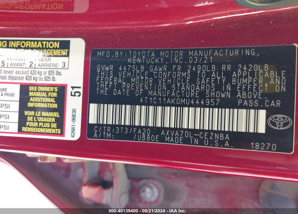 2021 TOYOTA CAMRY LE VIN: 4T1C11AK0MU444957
