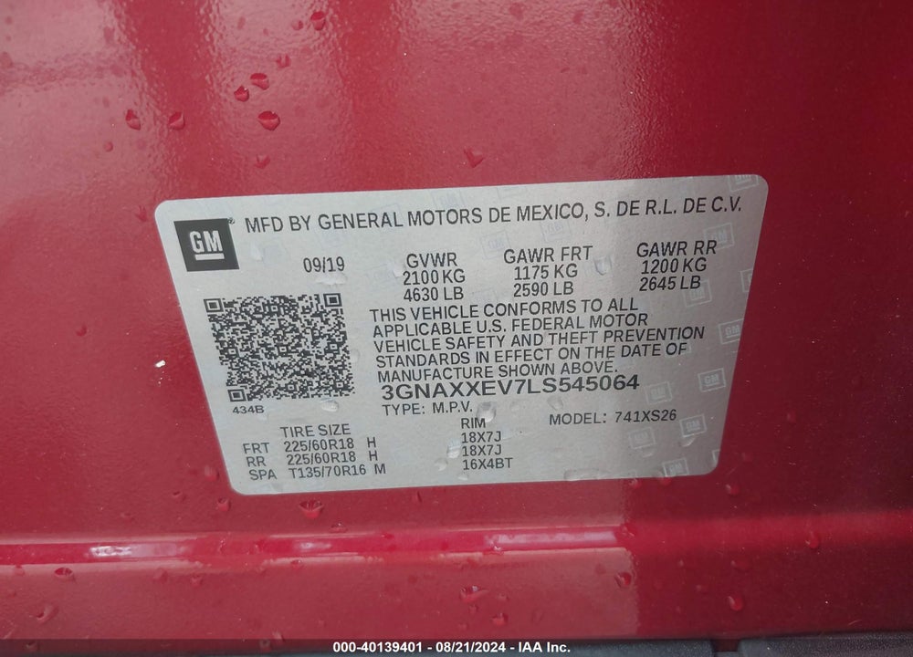2020 CHEVROLET EQUINOX AWD PREMIER 1.5L TURBO VIN: 3GNAXXEV7LS545064