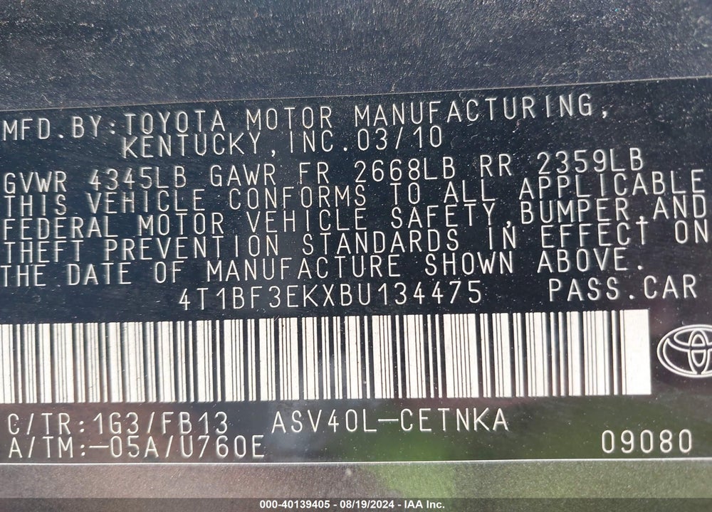 2011 TOYOTA CAMRY LE VIN: 4T1BF3EKXBU134475