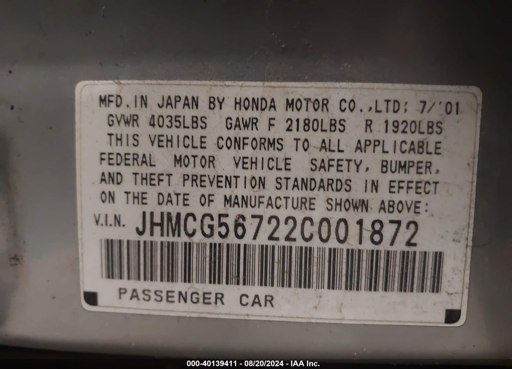 2002 HONDA ACCORD 2.3 SE VIN: JHMCG56722C001872