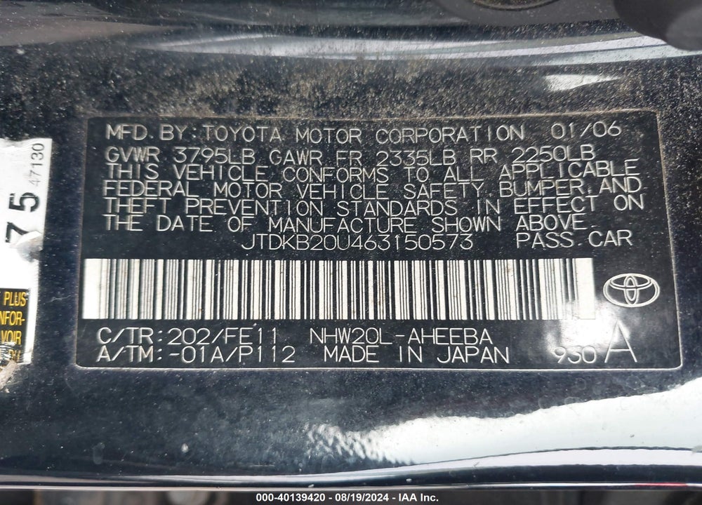 2006 TOYOTA PRIUS VIN: JTDKB20U463150573