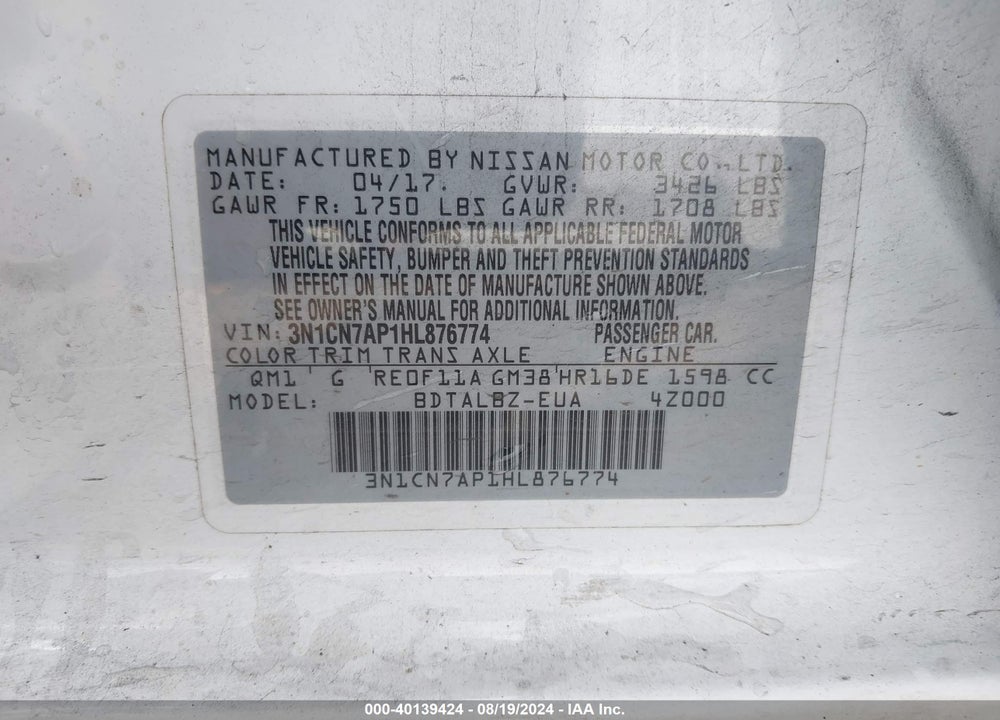 2017 NISSAN VERSA 1.6 SV VIN: 3N1CN7AP1HL876774