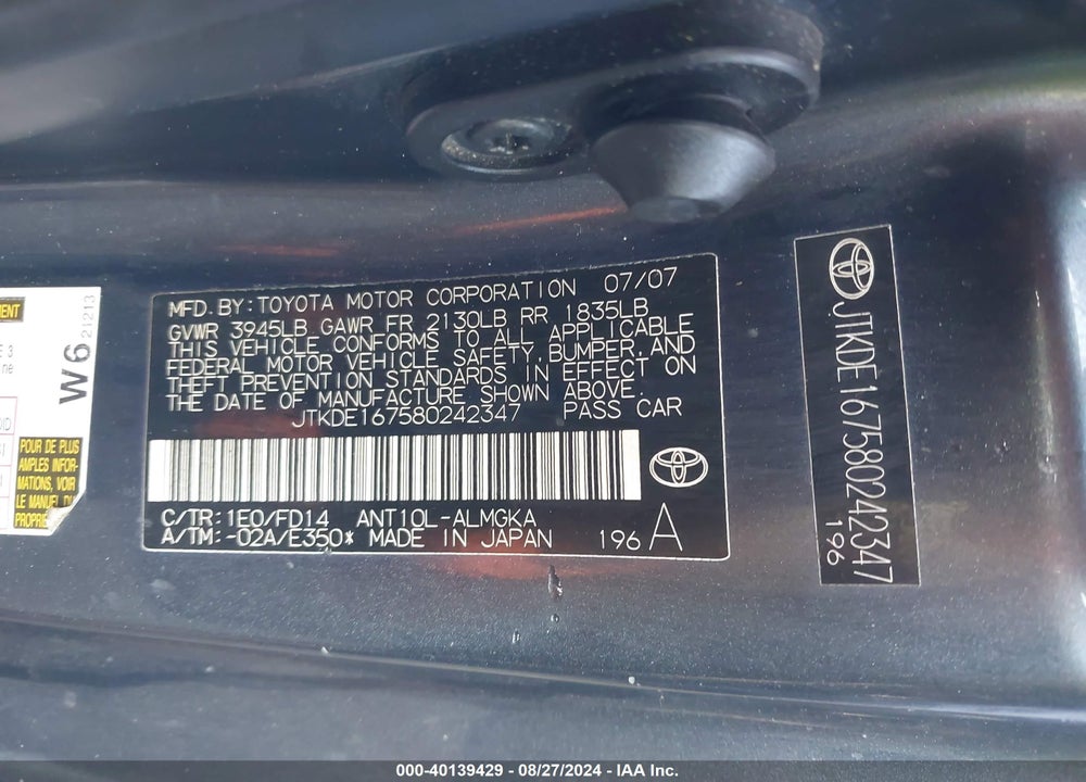 2008 SCION TC VIN: JTKDE167580242347