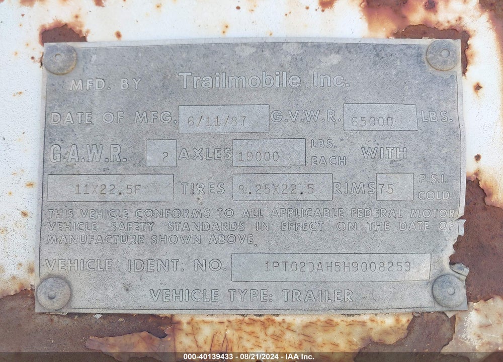 1987 TRAILMOBILE --- VIN: 1PT02DAH5H9008253