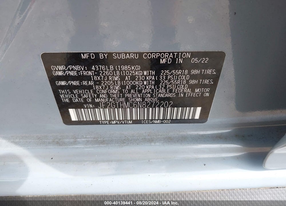 2022 SUBARU CROSSTREK LIMITED VIN: JF2GTHMC6N8272202