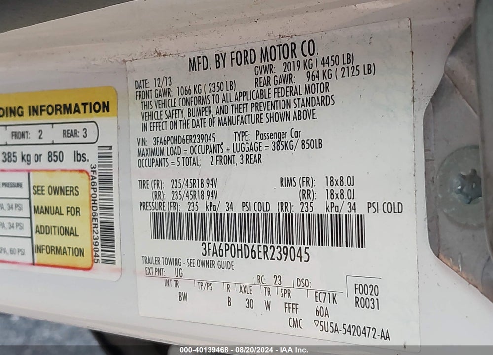 2014 FORD FUSION SE VIN: 3FA6P0HD6ER239045