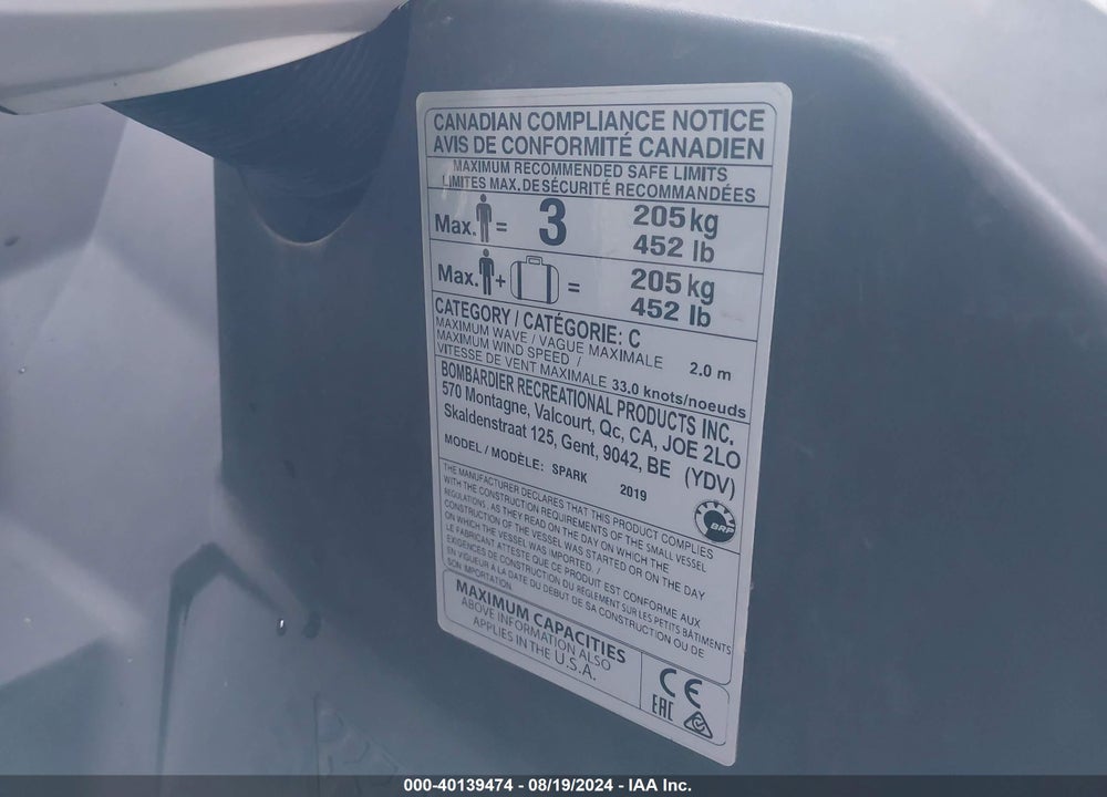 2019 SEADOO SPARK VIN: YDV84529D919