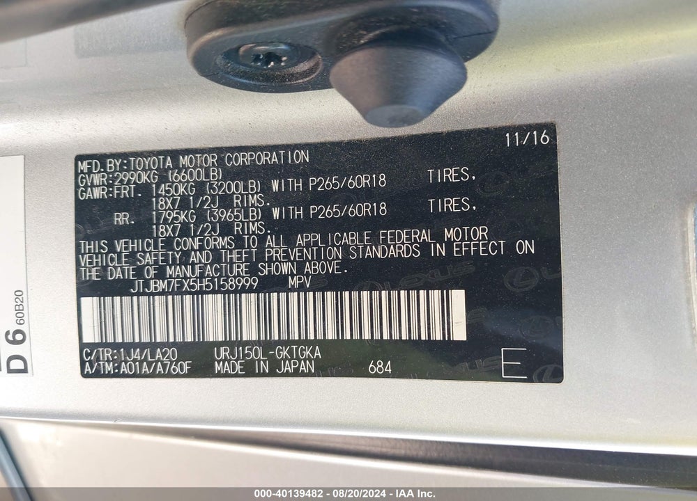 2017 LEXUS 460 VIN: JTJBM7FX5H5158999