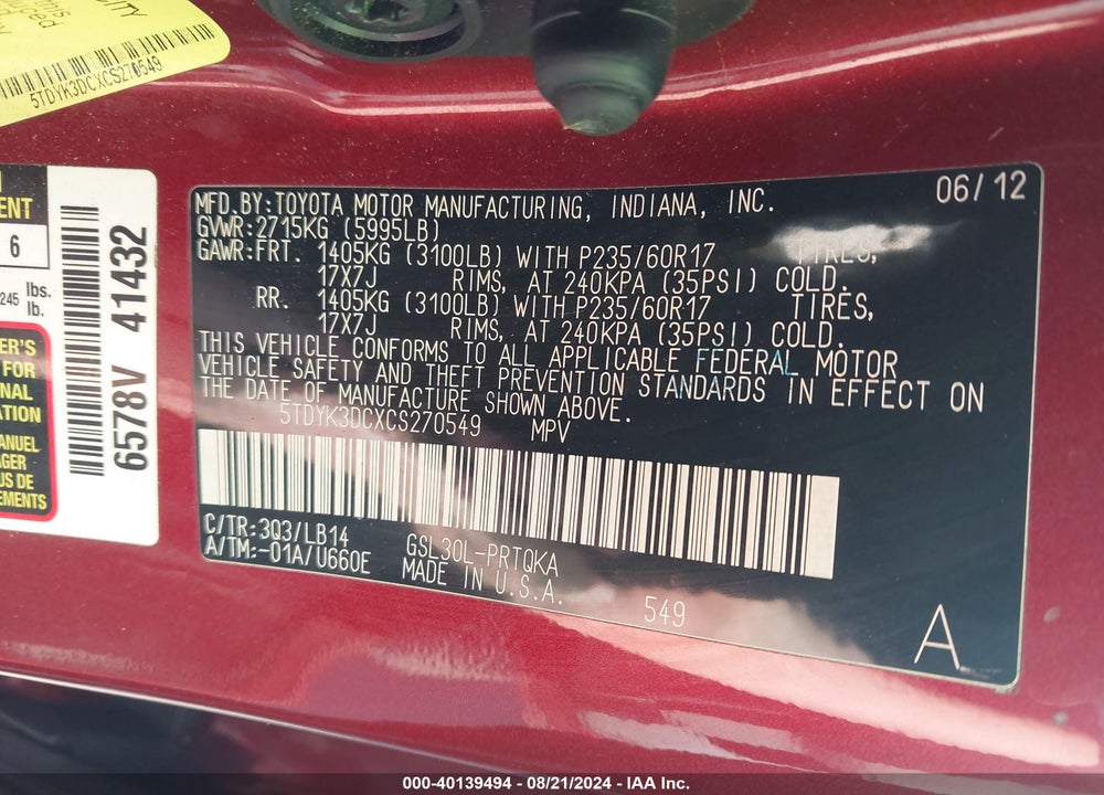 2012 TOYOTA SIENNA XLE V6 8 PASSENGER VIN: 5TDYK3DCXCS270549