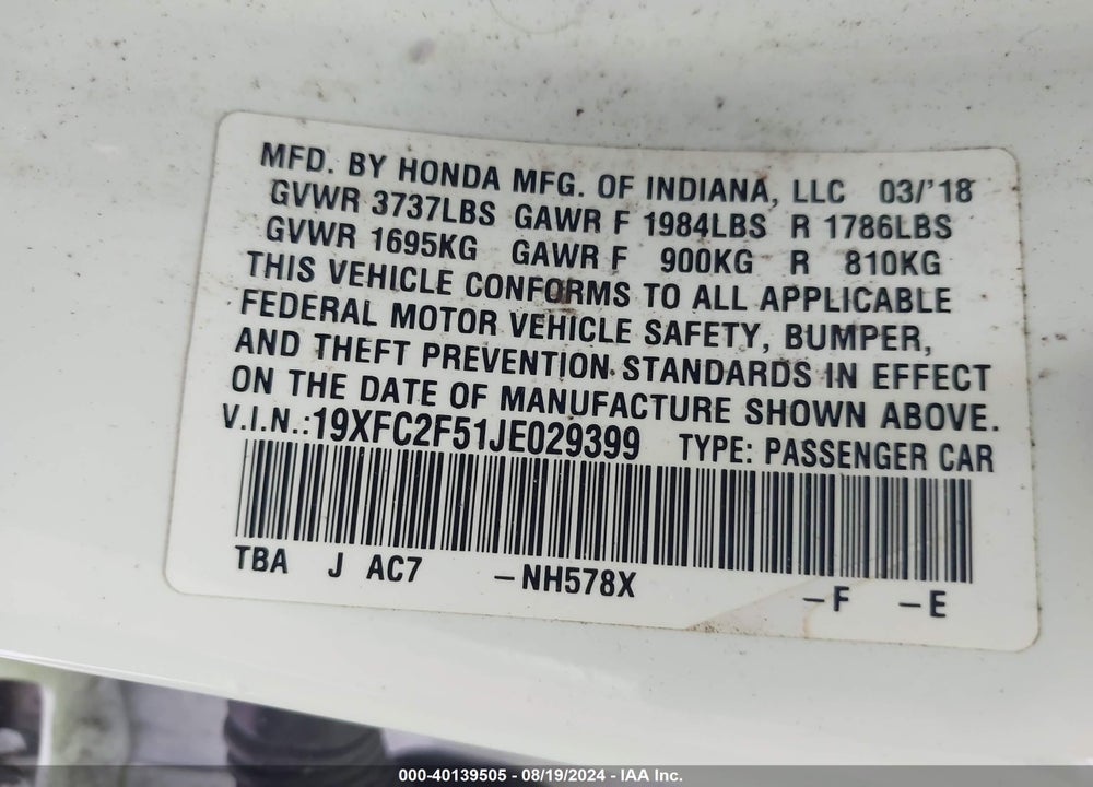 2018 HONDA CIVIC LX VIN: 19XFC2F51JE029399