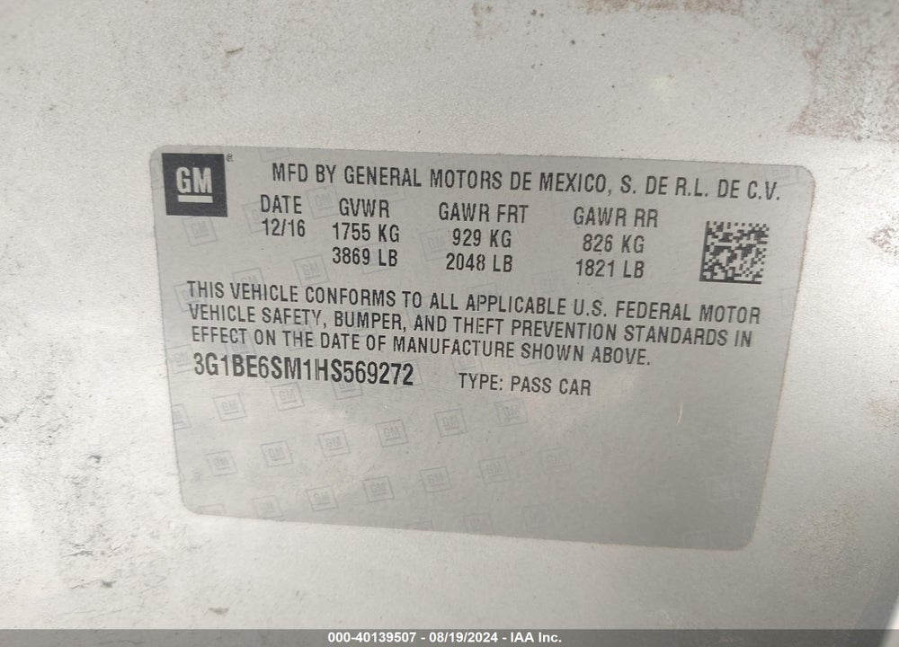 2017 CHEVROLET CRUZE VIN: 3G1BE6SM1HS569272