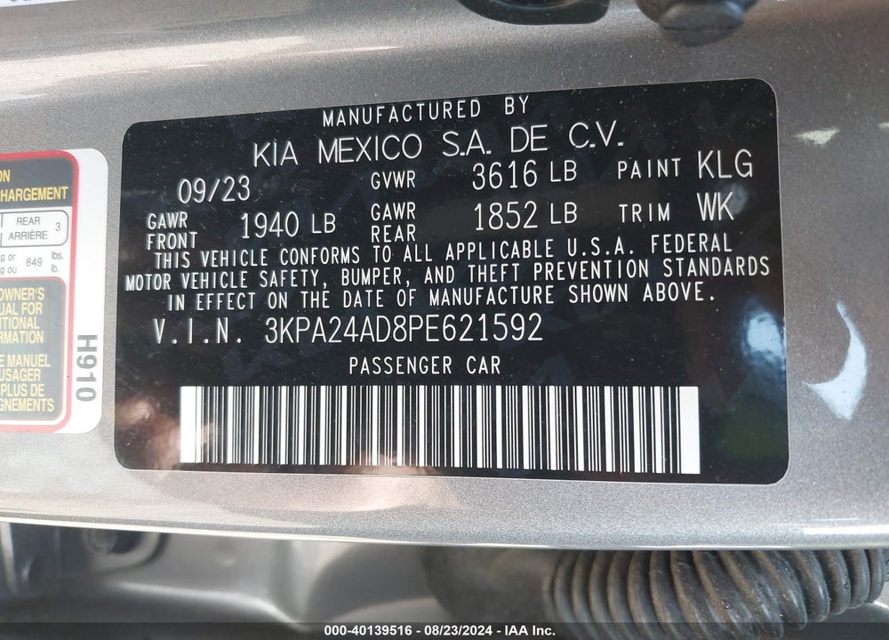 2023 KIA RIO S VIN: 3KPA24AD8PE621592