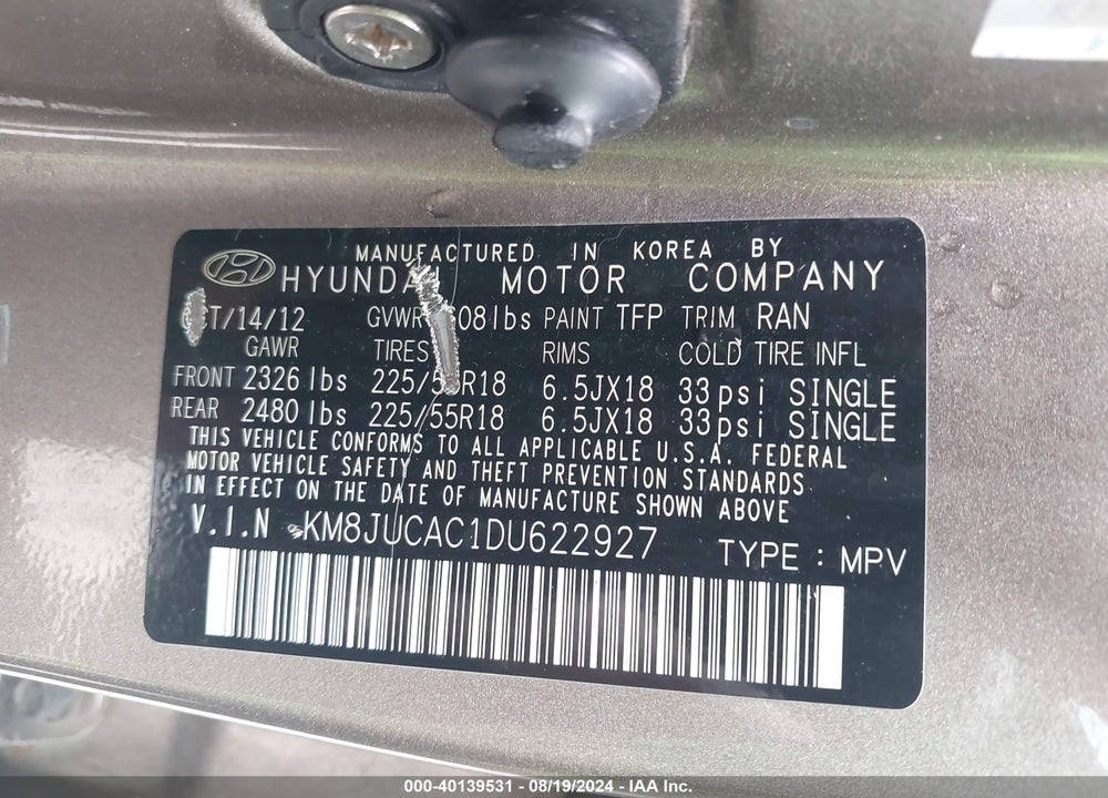 2013 HYUNDAI TUCSON LIMITED VIN: KM8JUCAC1DU622927