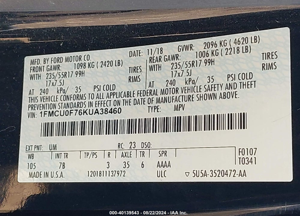 2019 FORD ESCAPE S VIN: 1FMCU0F76KUA38460