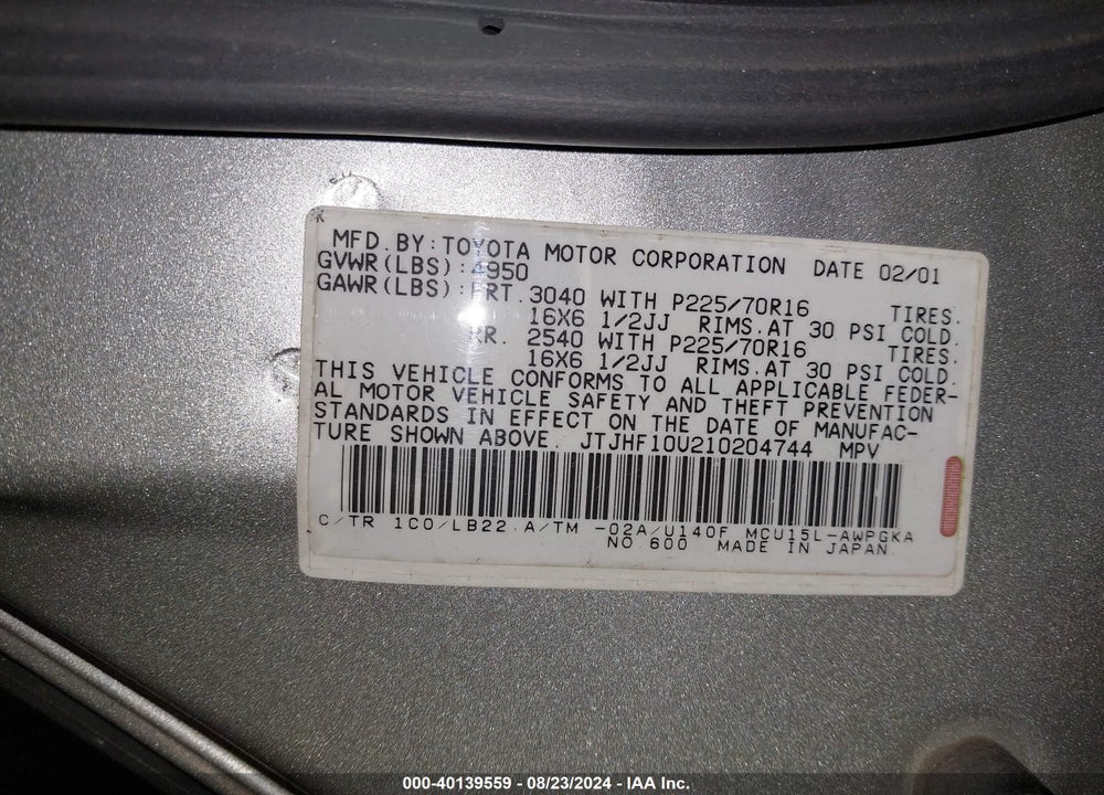 2001 LEXUS RX 300 VIN: JTJHF10U210204744