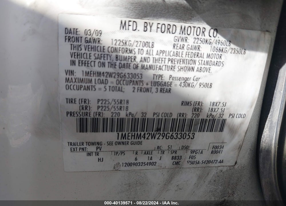 2009 MERCURY SABLE PREMIER VIN: 1MEHM42W29G633053