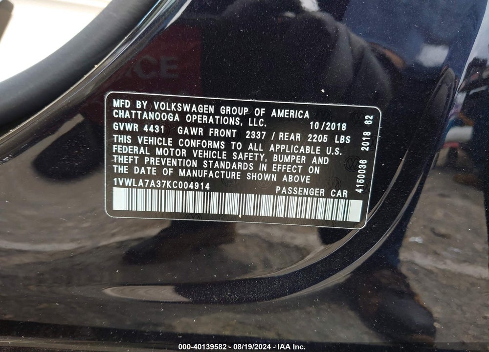 2019 VOLKSWAGEN PASSAT 2.0T WOLFSBURG EDITION VIN: 1VWLA7A37KC004914