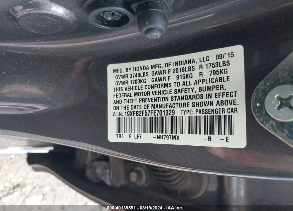 2015 HONDA CIVIC LX VIN: 19XFB2F57FE701329
