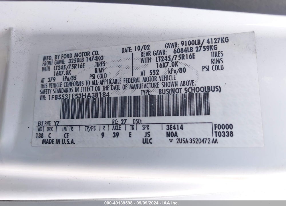 2003 FORD E-350 SUPER DUTY XL/XLT VIN: 1FBSS31L53HA38184