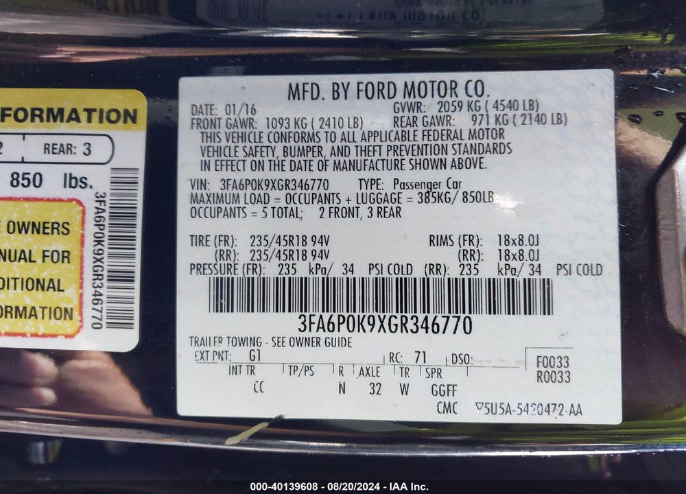 2016 FORD FUSION TITANIUM VIN: 3FA6P0K9XGR346770