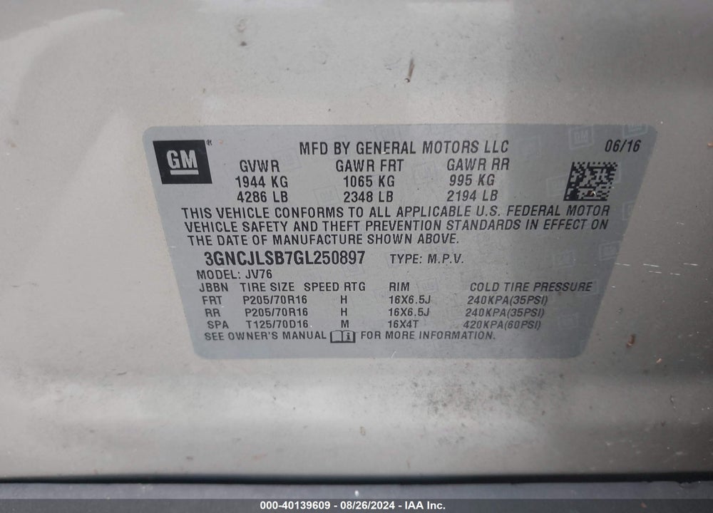 2016 CHEVROLET TRAX VIN: 3GNCJLSB7GL250897