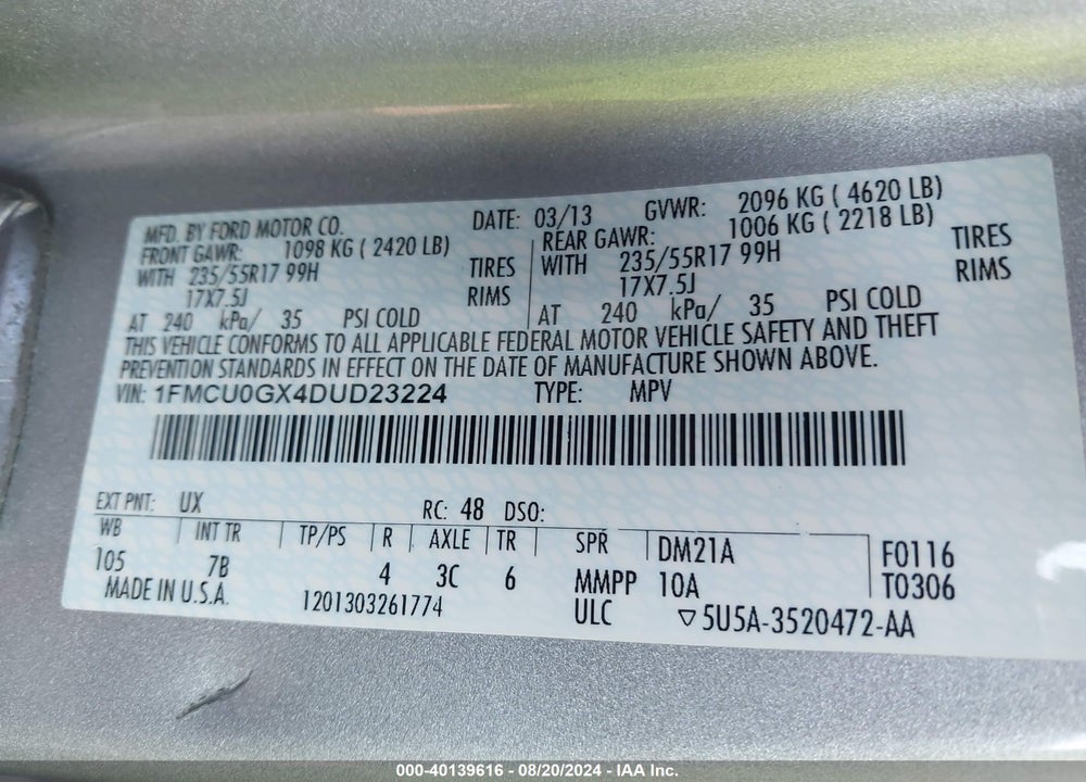 2013 FORD ESCAPE SE VIN: 1FMCU0GX4DUD23224