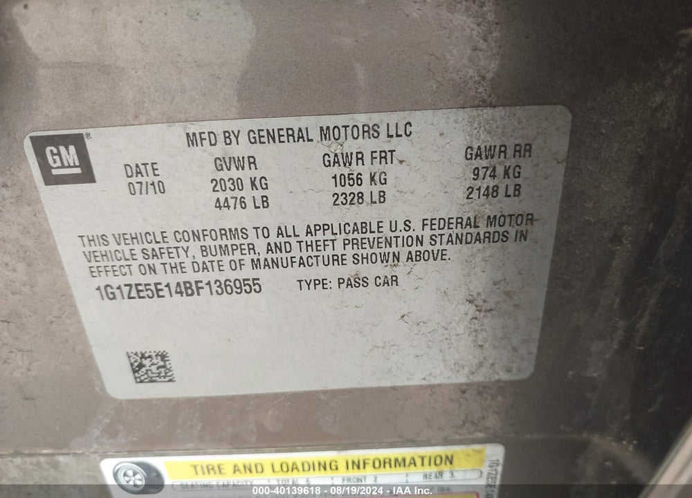 2011 CHEVROLET MALIBU LTZ VIN: 1G1ZE5E14BF136955