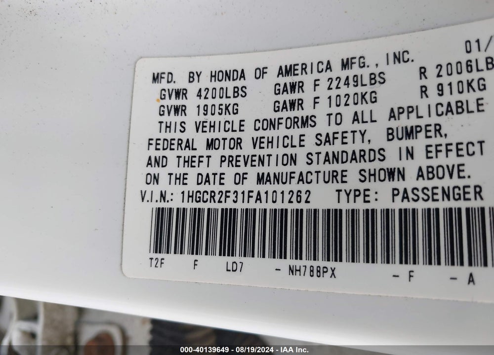 2015 HONDA ACCORD LX VIN: 1HGCR2F31FA101262