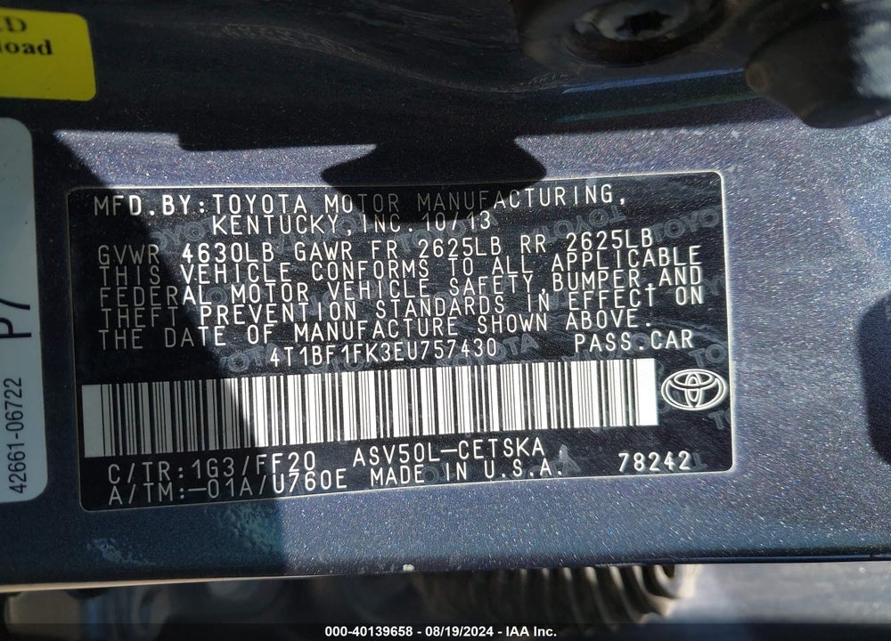 2014 TOYOTA CAMRY SE VIN: 4T1BF1FK3EU757430