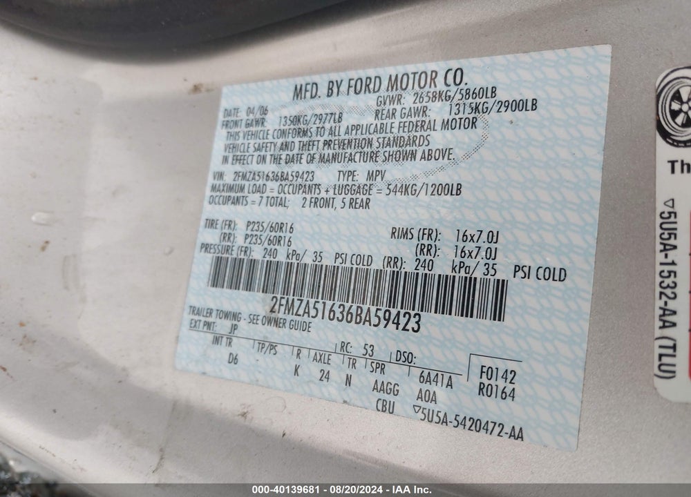 2006 FORD FREESTAR VIN: 2FMZA51636BA59423