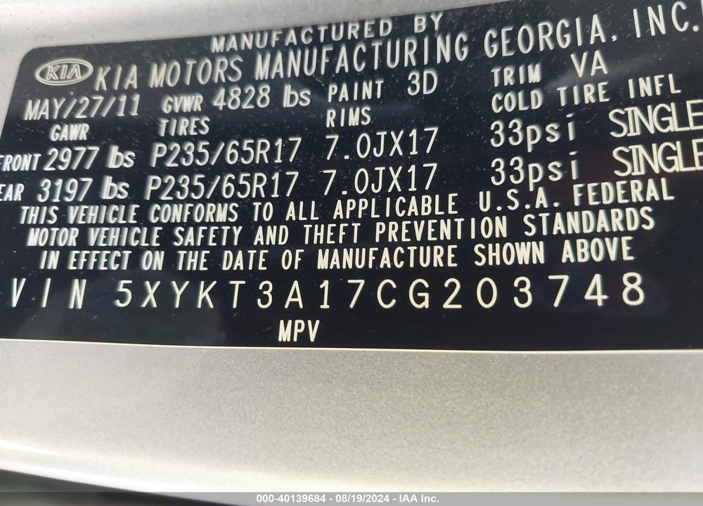 2012 KIA SORENTO LX VIN: 5XYKT3A17CG203748