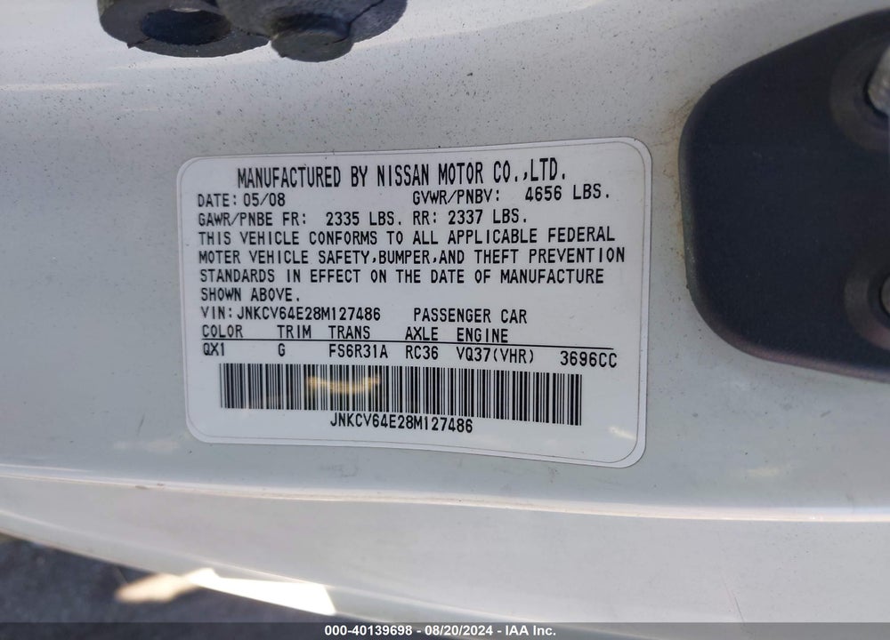 2008 INFINITI G37 SPORT VIN: JNKCV64E28M127486