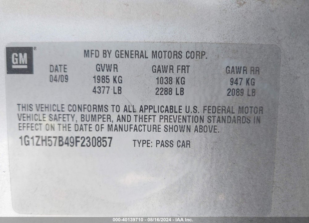 2009 CHEVROLET MALIBU LT VIN: 1G1ZH57B49F230857