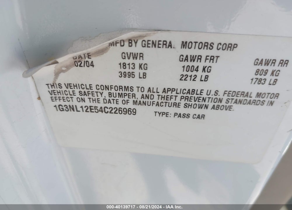 2004 OLDSMOBILE ALERO GL2 VIN: 1G3NL12E54C226969