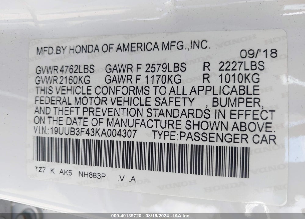 2019 ACURA TLX TECH PKG VIN: 19UUB3F43KA004307